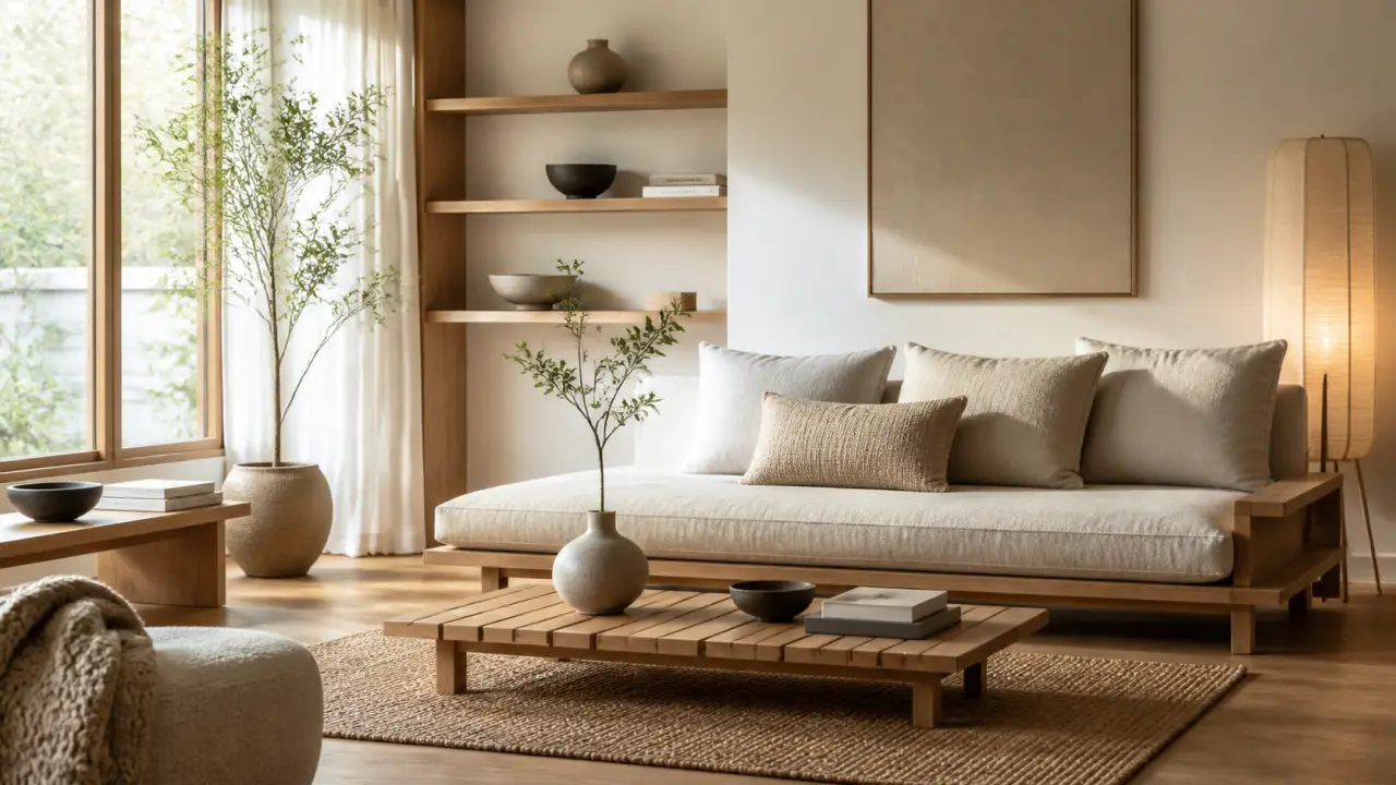 Salon Japandi lumineux avec canapé en lin beige, bois clair et plante verte