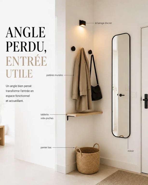Aménager un angle perdu dans une entrée avec vide-poches, patères et miroir