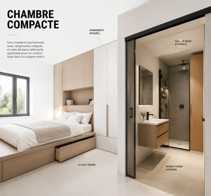 Aménagement petite maison 50m2 : chambre compacte avec rangements intégrés et salle de bains optimisée