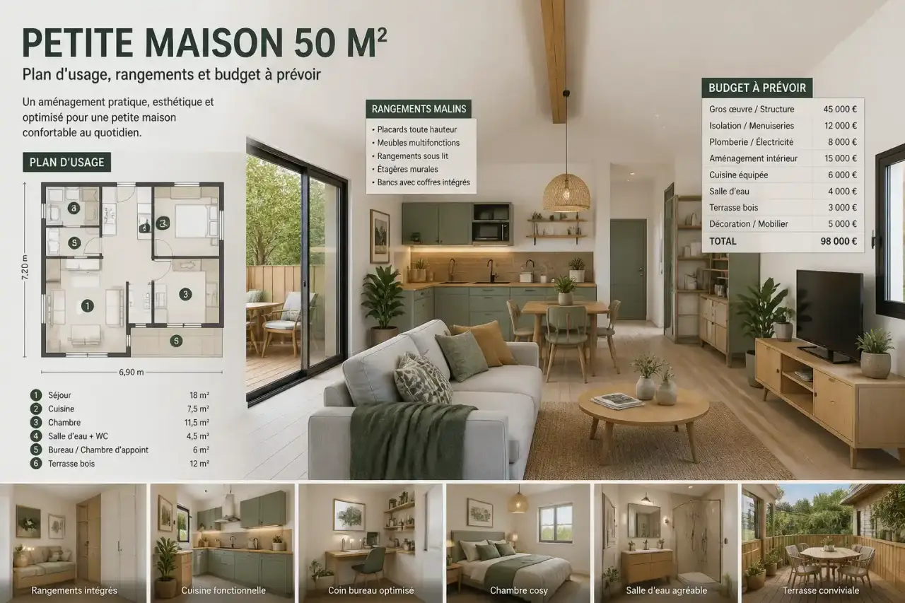 Aménagement d’une petite maison de 50 m² : plan d’usage, rangements et budget à prévoir
