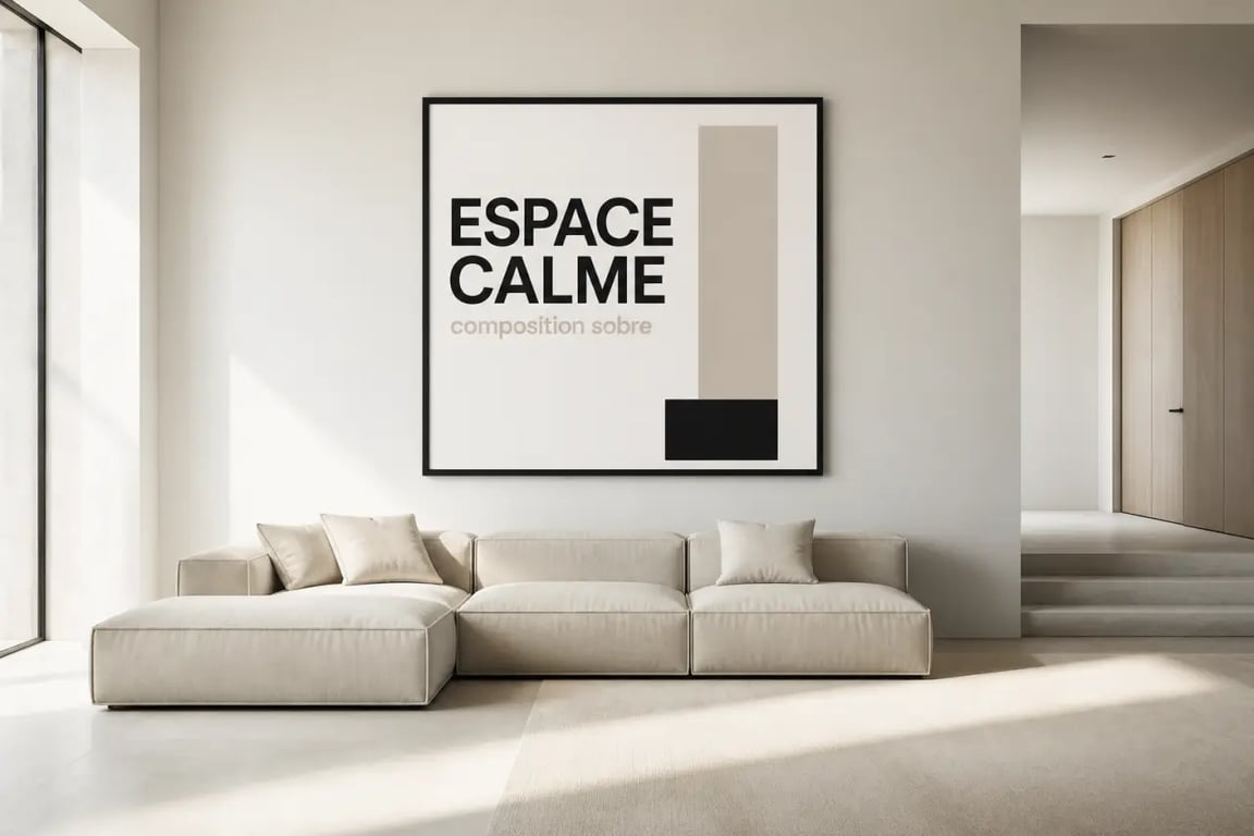 Affiche décoration salon dans un salon moderne avec grand cadre noir au-dessus du canapé