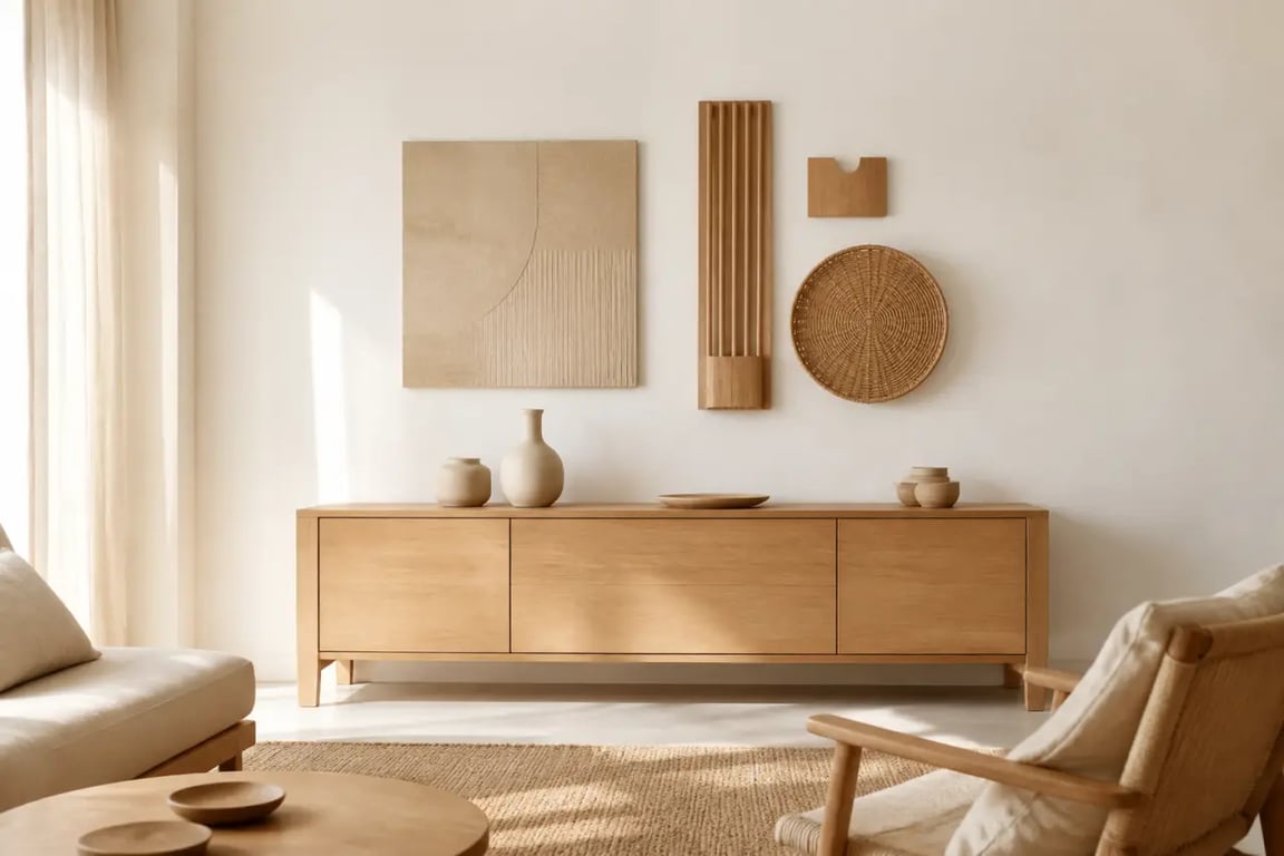 Décoration murales salon avec matières naturelles en bois et raphia pour réchauffer l’ambiance