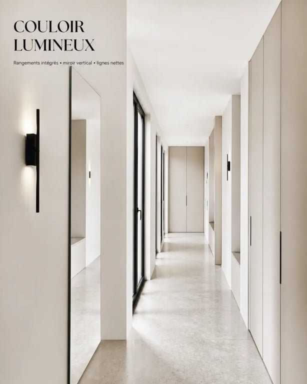 Idée déco couloir moderne avec miroir vertical, murs clairs et éclairage sobre