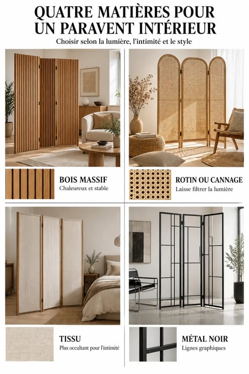Paravent décoration intérieure : comparaison visuelle du bois, du rotin, du tissu et du métal