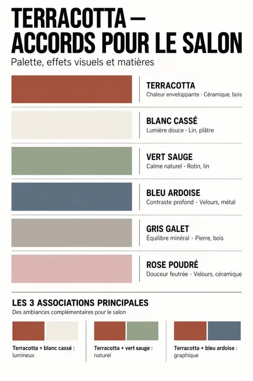 Infographie des couleurs et matières pour une décoration terracotta salon
