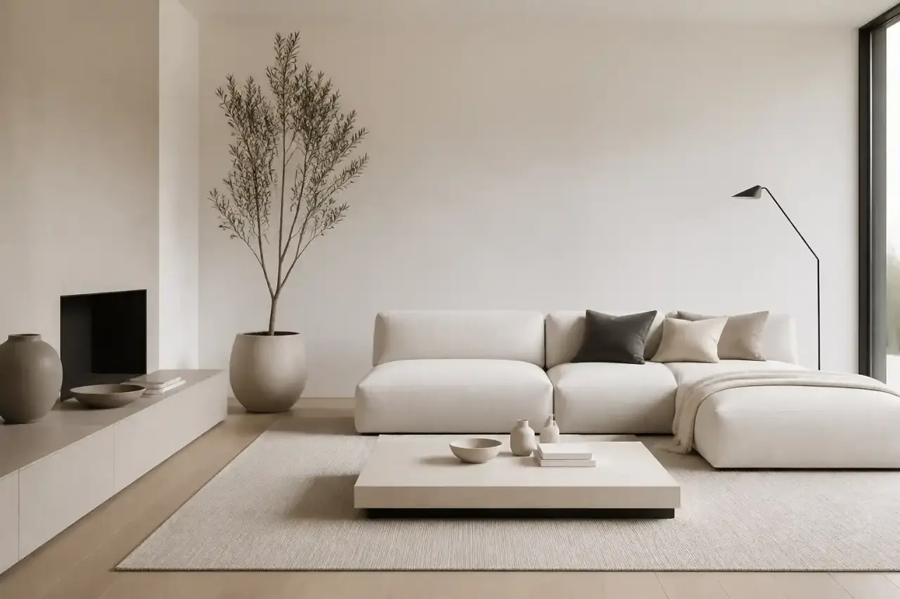 Salon lumineux de style minimaliste avec canapé beige, plante verte et matières naturelles
