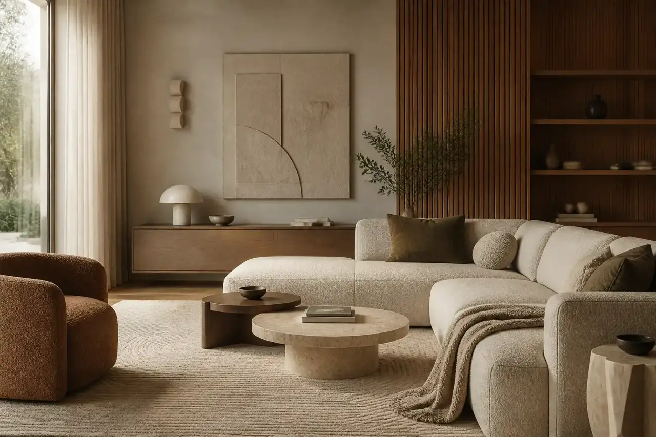 Salon lumineux au design minimaliste avec canapé en lin beige et plante verte