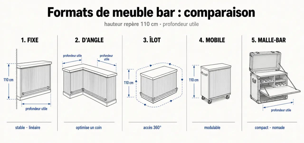 Comparatif visuel des formats de meuble bar design selon la pièce et l’usage