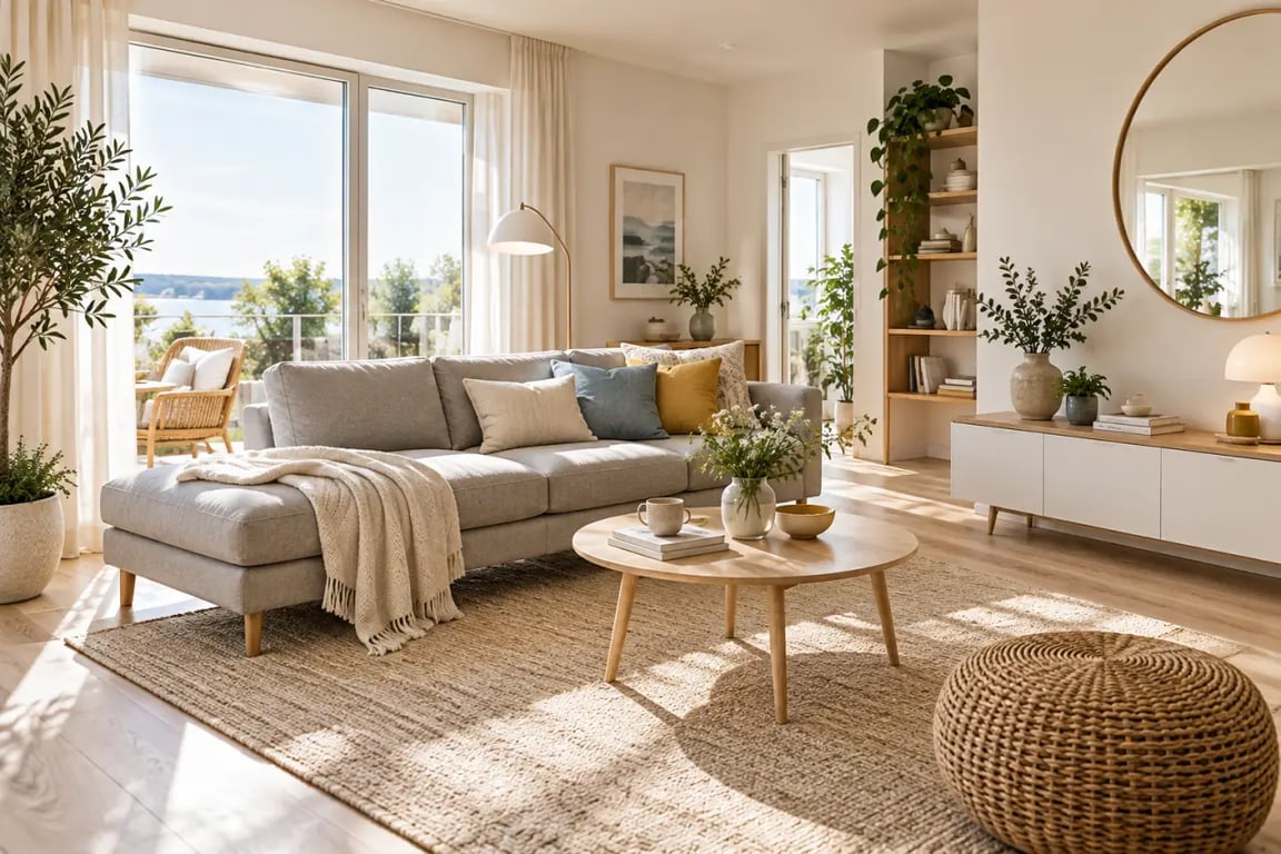 Décoration scandinave salon lumineux avec canapé gris clair et bois naturel