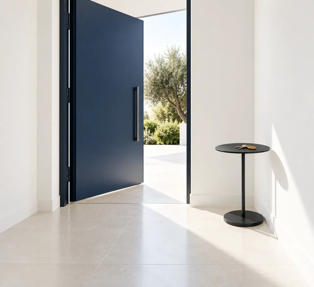 Guéridons design compacts pour une entrée contemporaine avec espace de passage