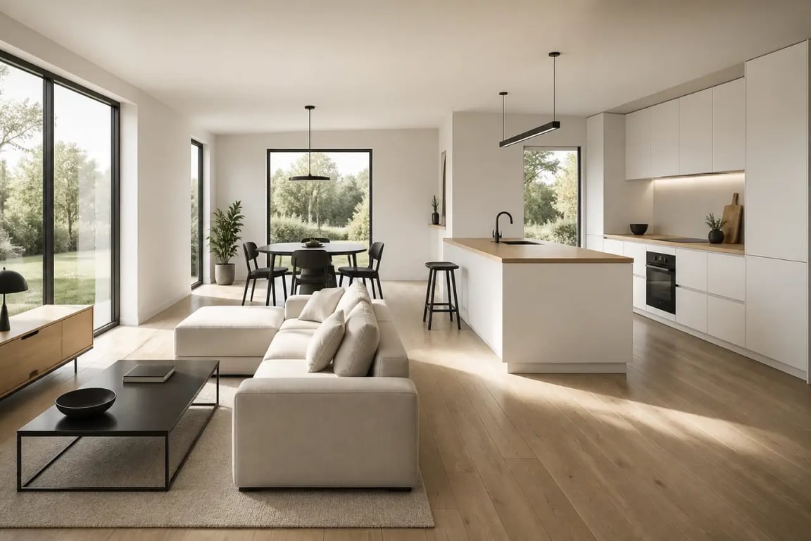 Aménagement petite maison 50m2 : salon, coin repas et cuisine ouverte dans un intérieur lumineux et compact