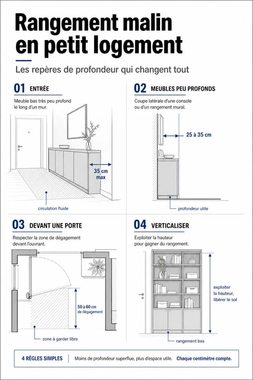 Rangement malin : infographie des bonnes profondeurs et des règles de circulation
