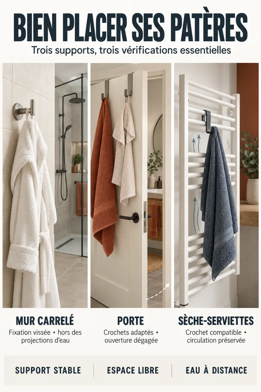 Patères salle de bains installées sur un mur, une porte et un radiateur sèche-serviettes