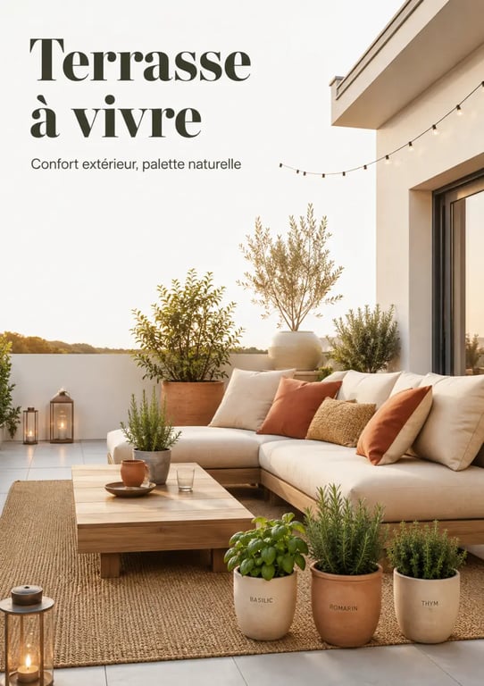 Idée décoration extérieur d’une terrasse chaleureuse avec guirlandes LED, pots variés et textiles naturels