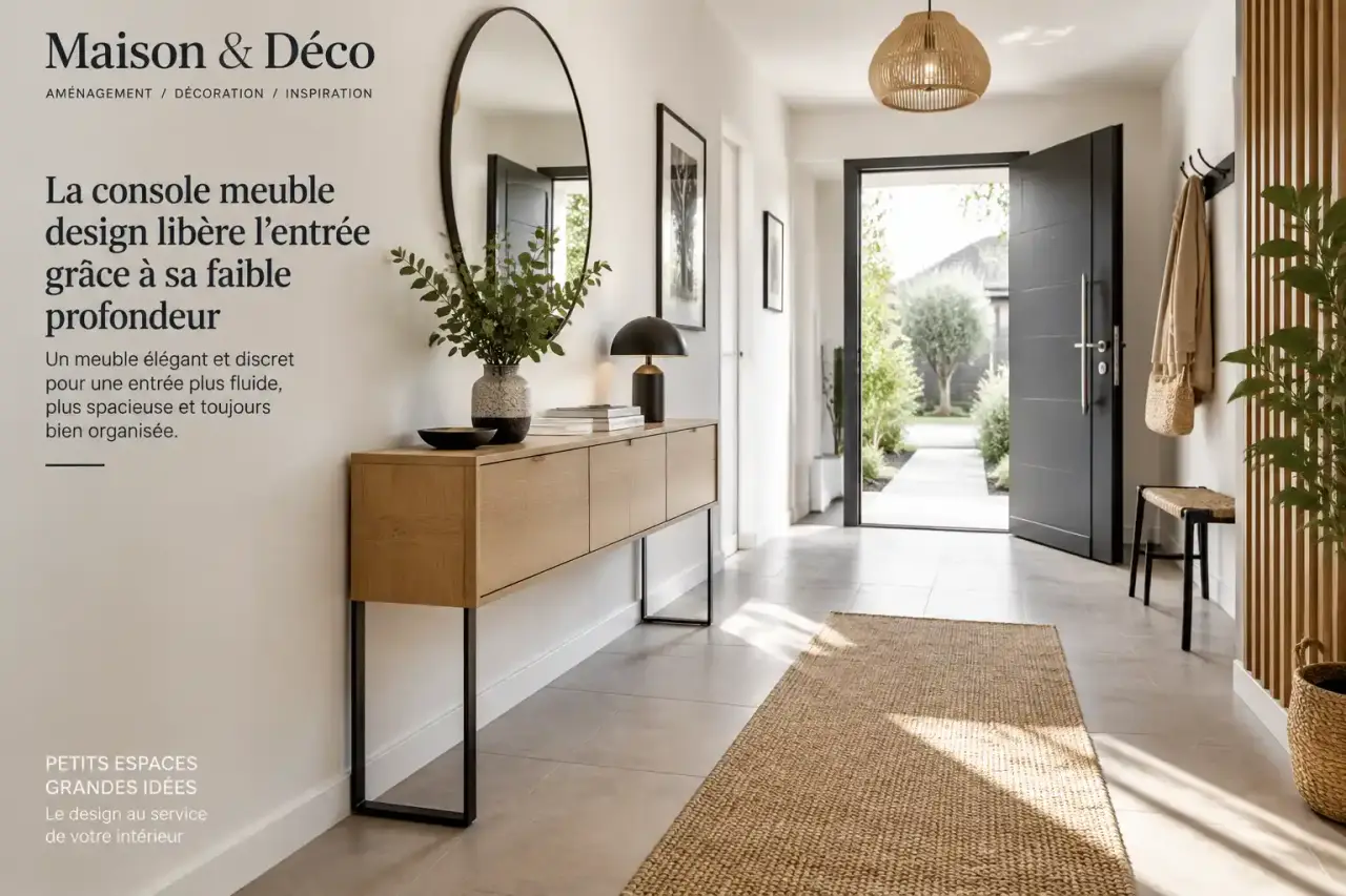 La console meuble design libère l’entrée grâce à sa faible profondeur