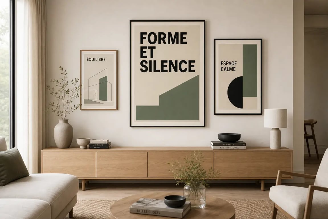 Affiche décoration salon en mur de cadres harmonieux au-dessus d'un buffet