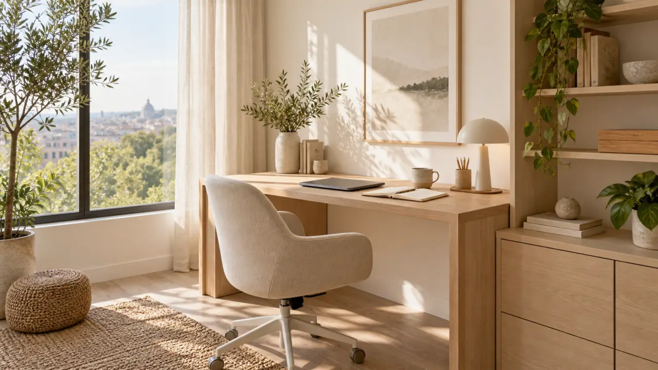 Coin bureau lumineux et apaisant dans un intérieur minimaliste