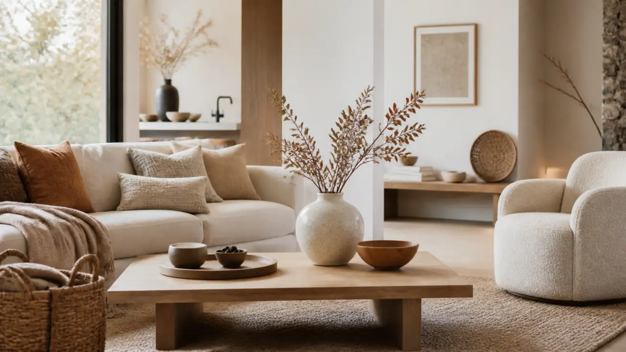 Salon lumineux minimaliste avec canapé en lin beige, grande plante verte et ambiance japandi