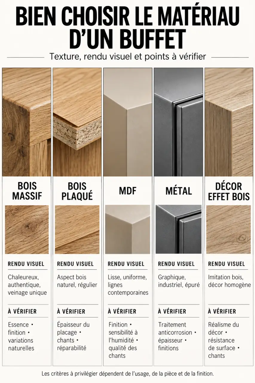 Comparaison visuelle des matériaux d’un buffet bois massif et des alternatives