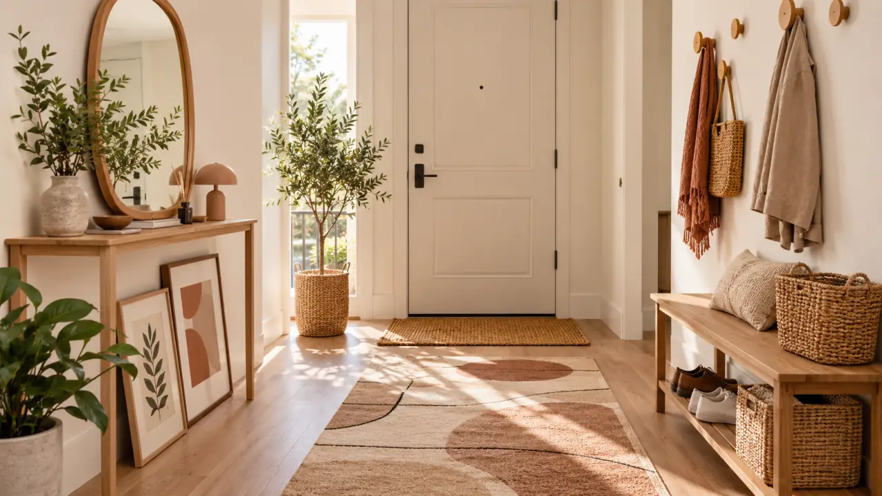 Entrée lumineuse et élégante aménagée avec un miroir, un banc et des rangements