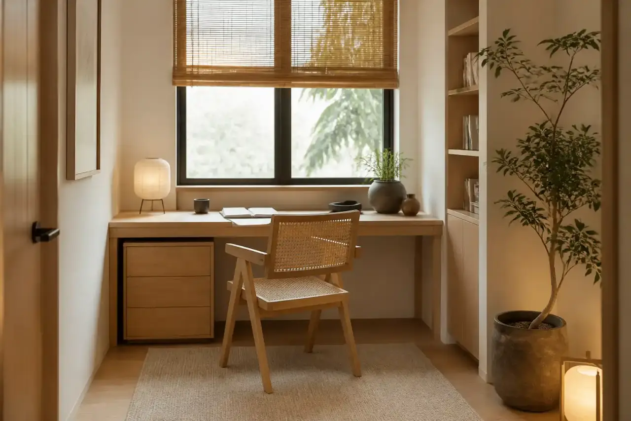 Bureau Japandi de 8 m² lumineux, mobilier bas en bois clair, lin beige et décoration minimaliste apaisante
