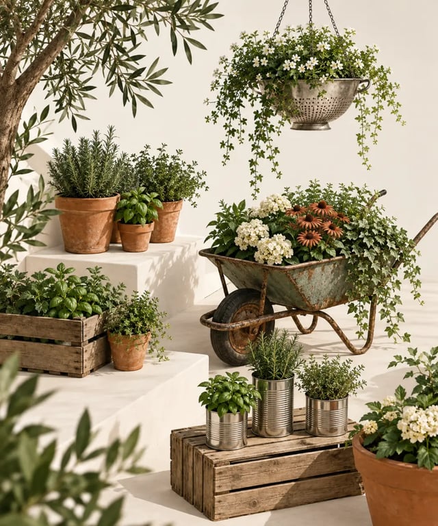 100 idées déco jardin avec objets simples : pots et contenants récupérés dans un jardin fleuri