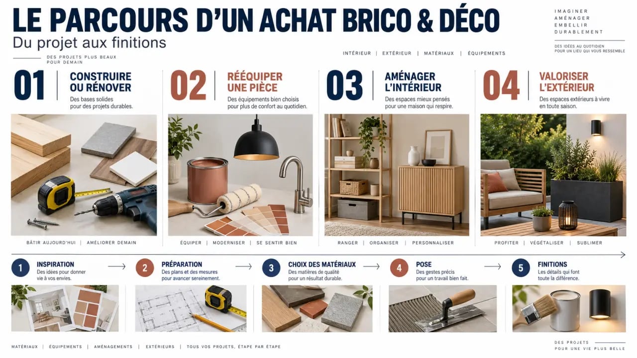 Infographie brico deco des univers produits et des étapes de préparation d’un chantier