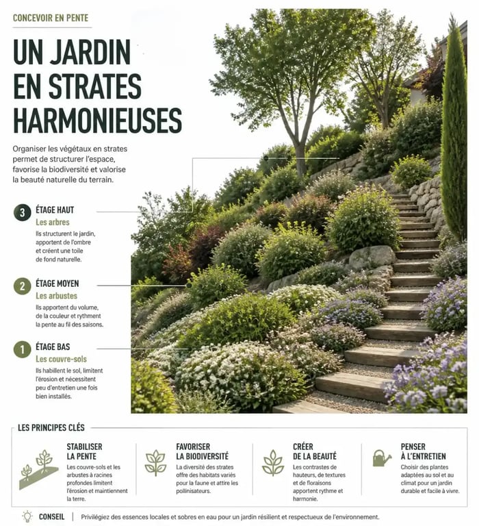 Aménagement paysager en strates pour terrain en pente devant maison