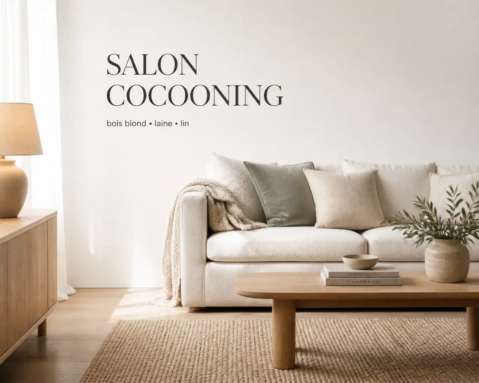 Déco scandinave cocooning dans un salon lumineux avec bois clair, textiles doux et lumière chaude