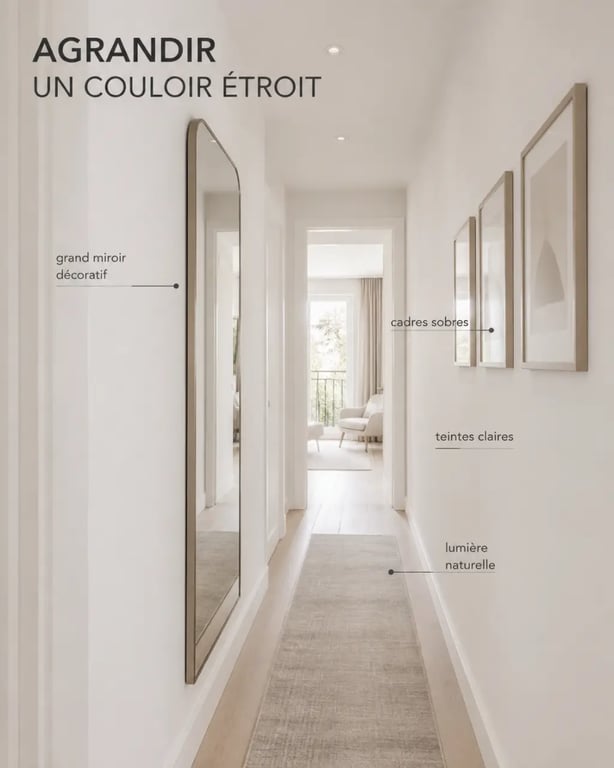 Idées déco mur avec grand miroir pour agrandir visuellement un couloir