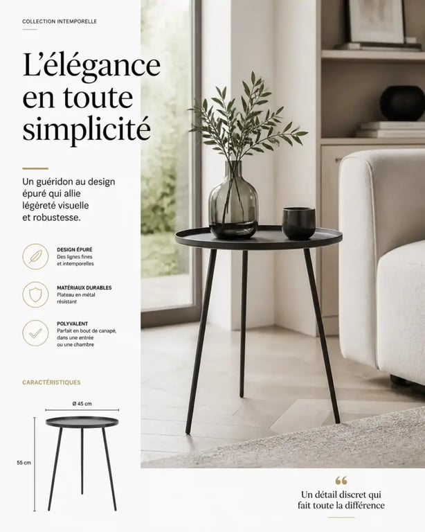 Guéridon design en métal dans un salon moderne pour illustrer le meuble d'appoint design