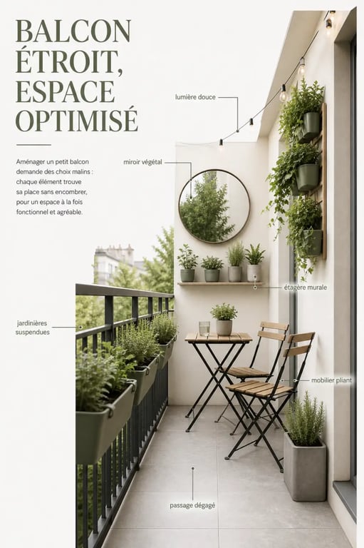 Idée décoration extérieur d’un balcon compact avec jardinières suspendues, miroir et mobilier pliant